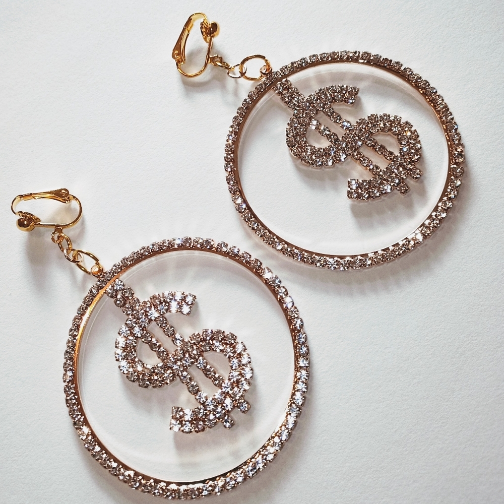 2" Gold Rhinestone $ Sign Hoop Clipon Earrings - Picture 2 of 6